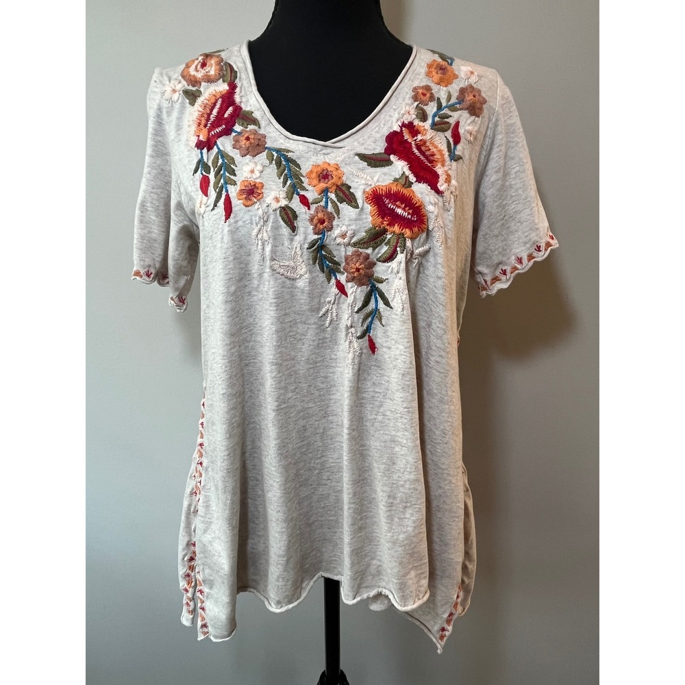 Caite Beige Floral Embroidered Cotton Tunic Top‎ Short Sleeve V-Neck XS Boho
